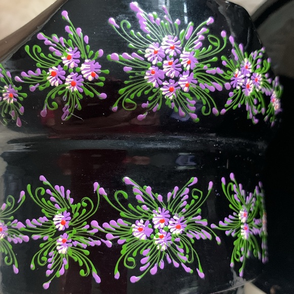 Vtg 70's hand painted black lacquered WOOD trinket box coaster set LOT - Picture 9 of 12